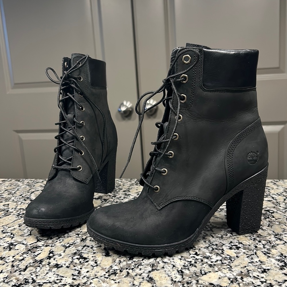 Women’s Black Leather Timberland Heeled Boots